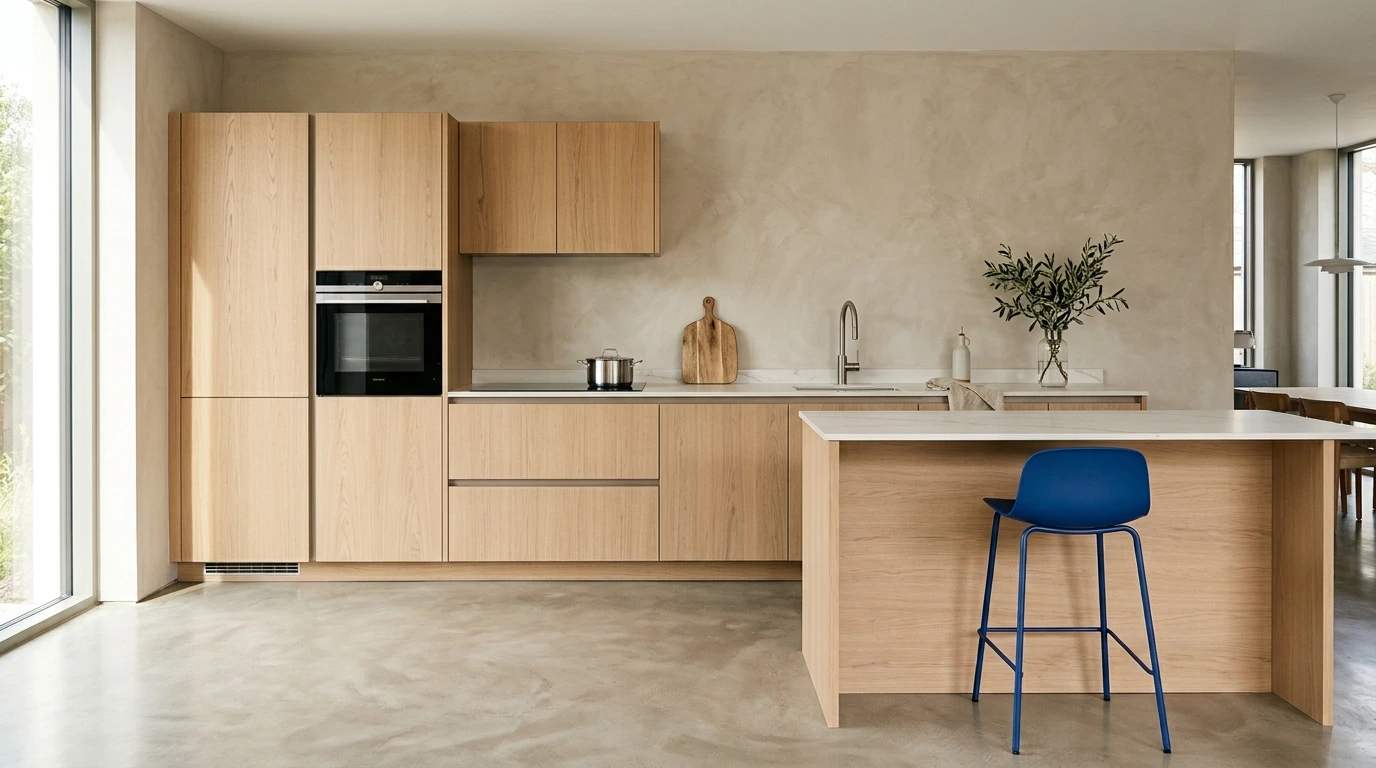 Cucina italiana contemporanea con ante in rovere chiaro e piano in gres