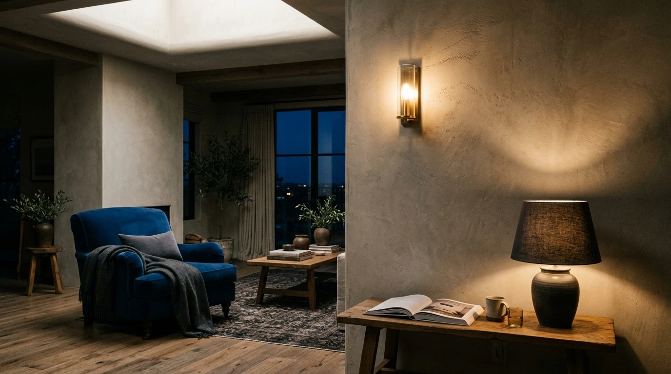 Stanza illuminata su tre livelli: soffitto, parete e lampada da tavolo