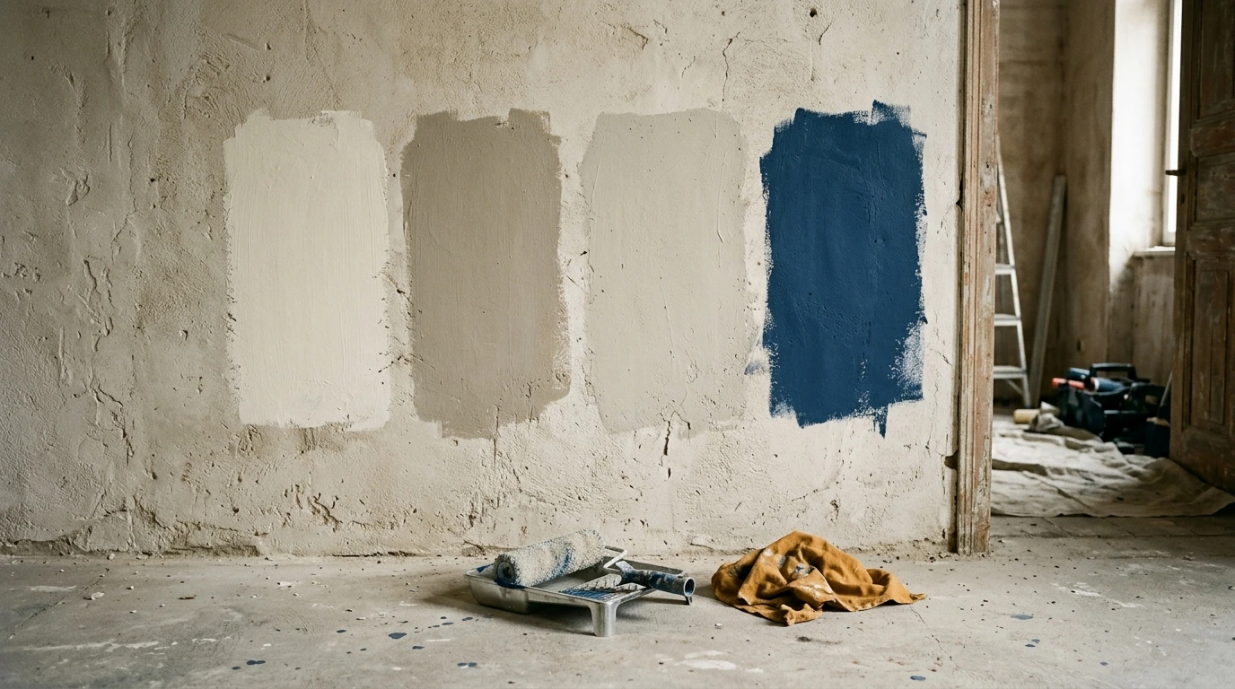 Campioni di pittura dipinti sulla parete e osservati alla luce naturale