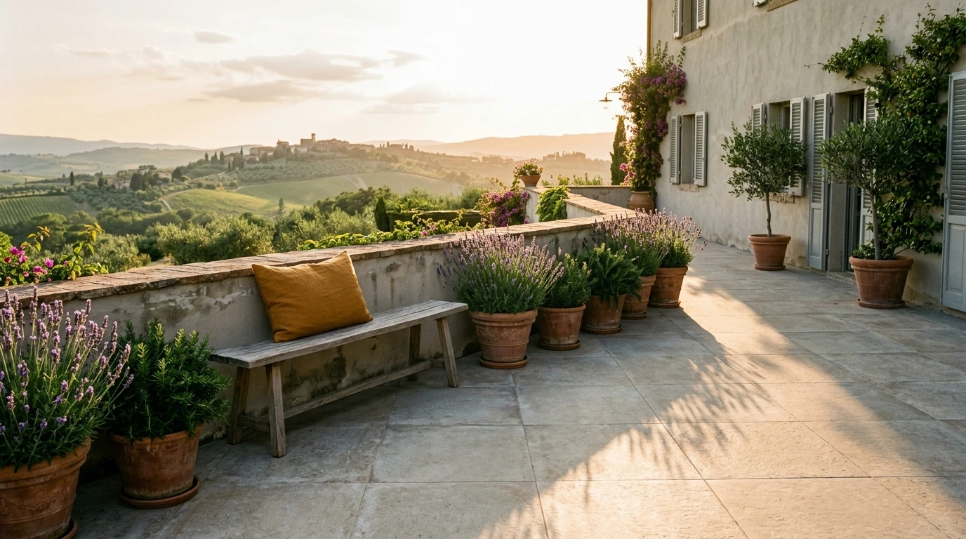 Terrazzo con pavimento in gres, vasi di lavanda e seduta in legno