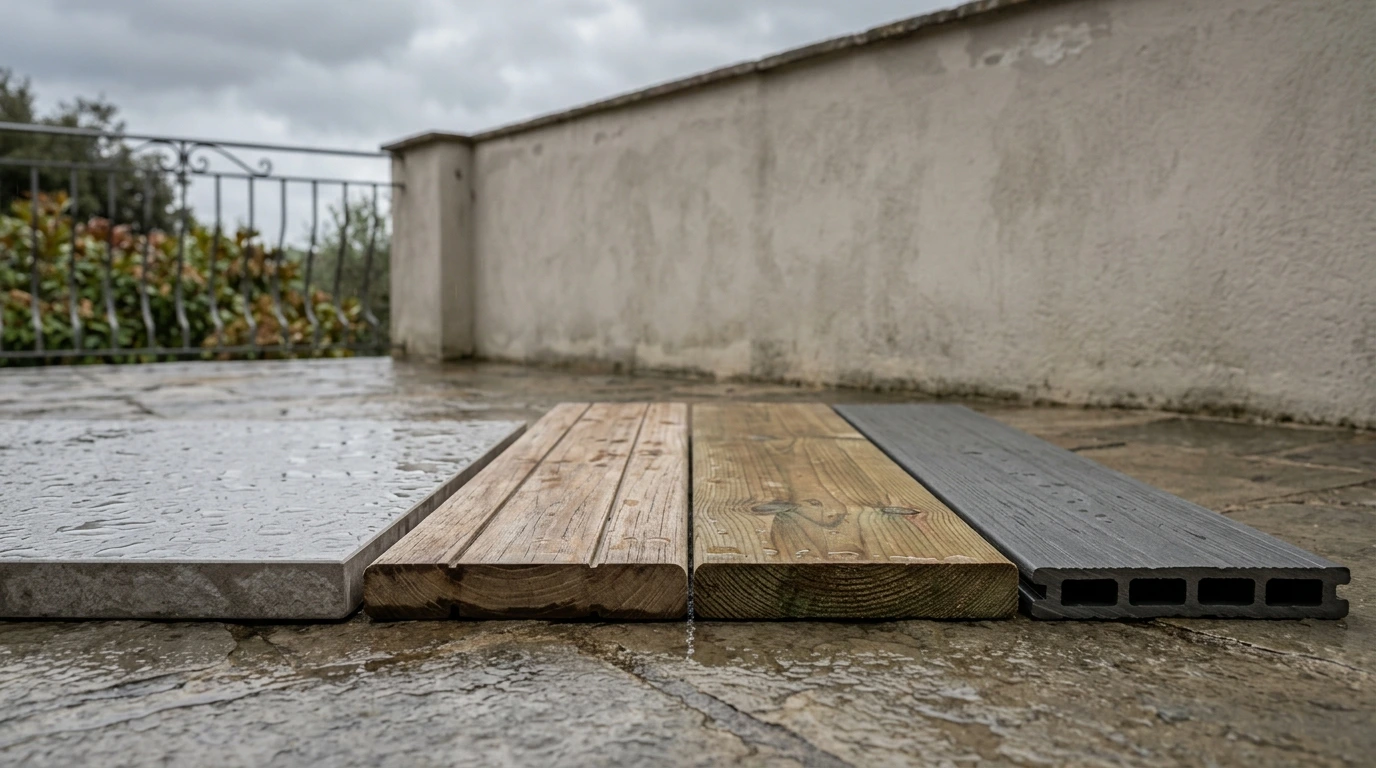 Gres, decking in legno e composito accostati su una terrazza
