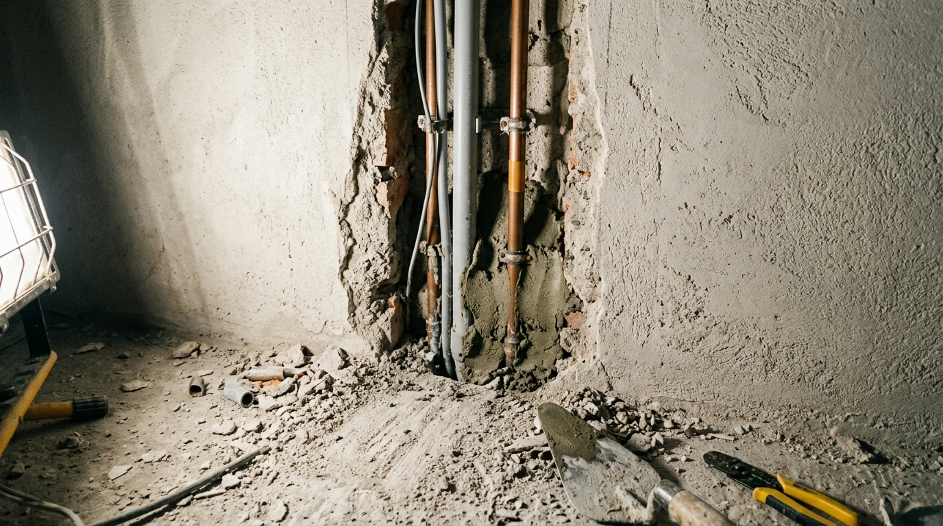 Tracce degli impianti aperte nel muro prima della chiusura