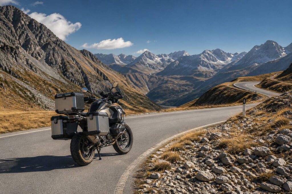 Moto adventure avec valises sur une route de montagne