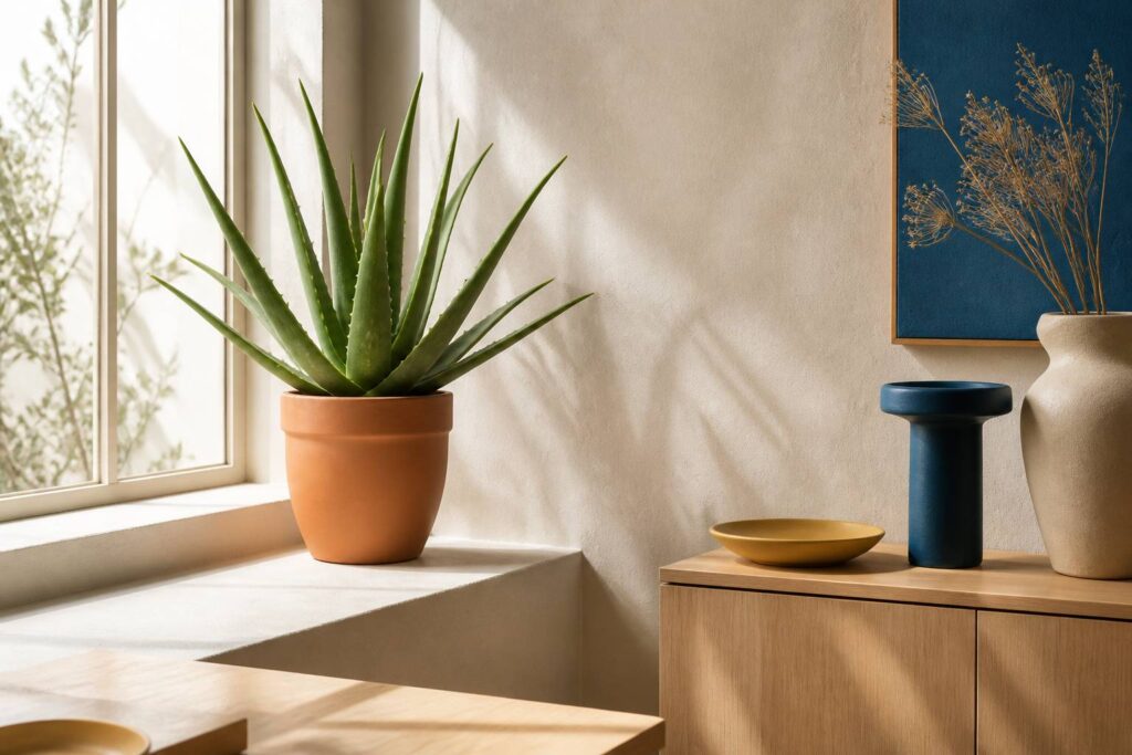 Plante d'aloe vera dans un pot en terre cuite sur un rebord de fenêtre lumineux