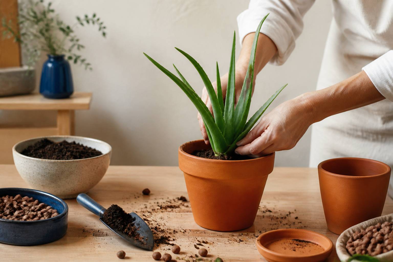Mains rempotant une aloe vera dans un pot en terre cuite avec un terreau drainant
