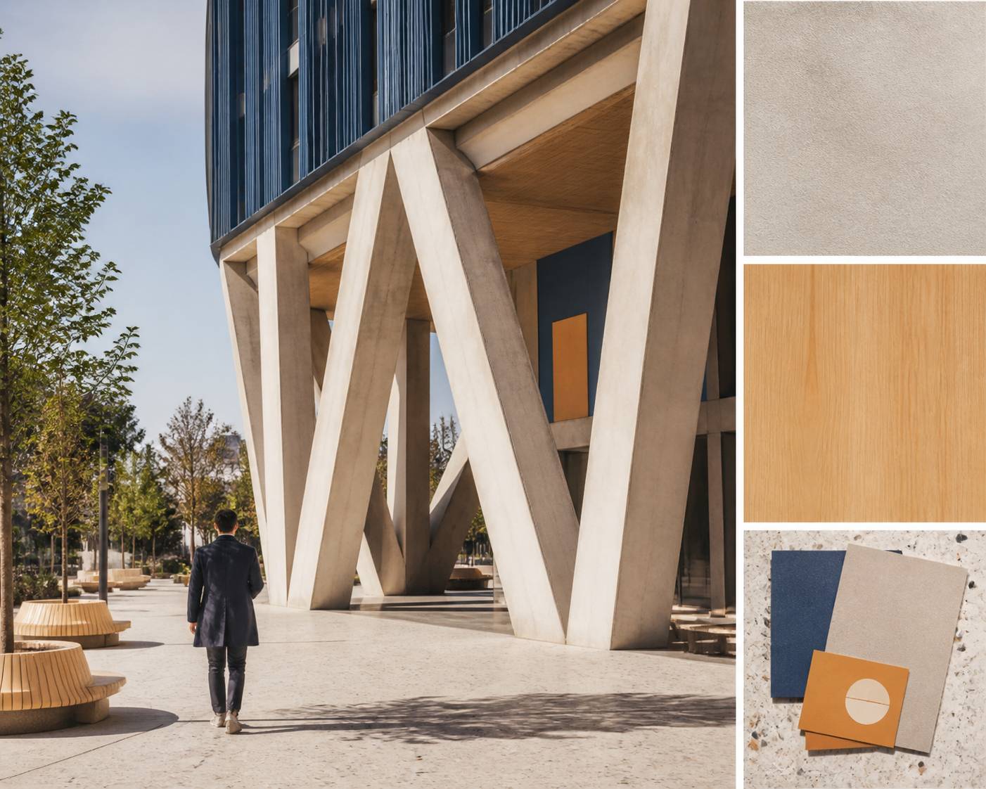 Base de la tour Velasca avec travures obliques en béton sur la piazza