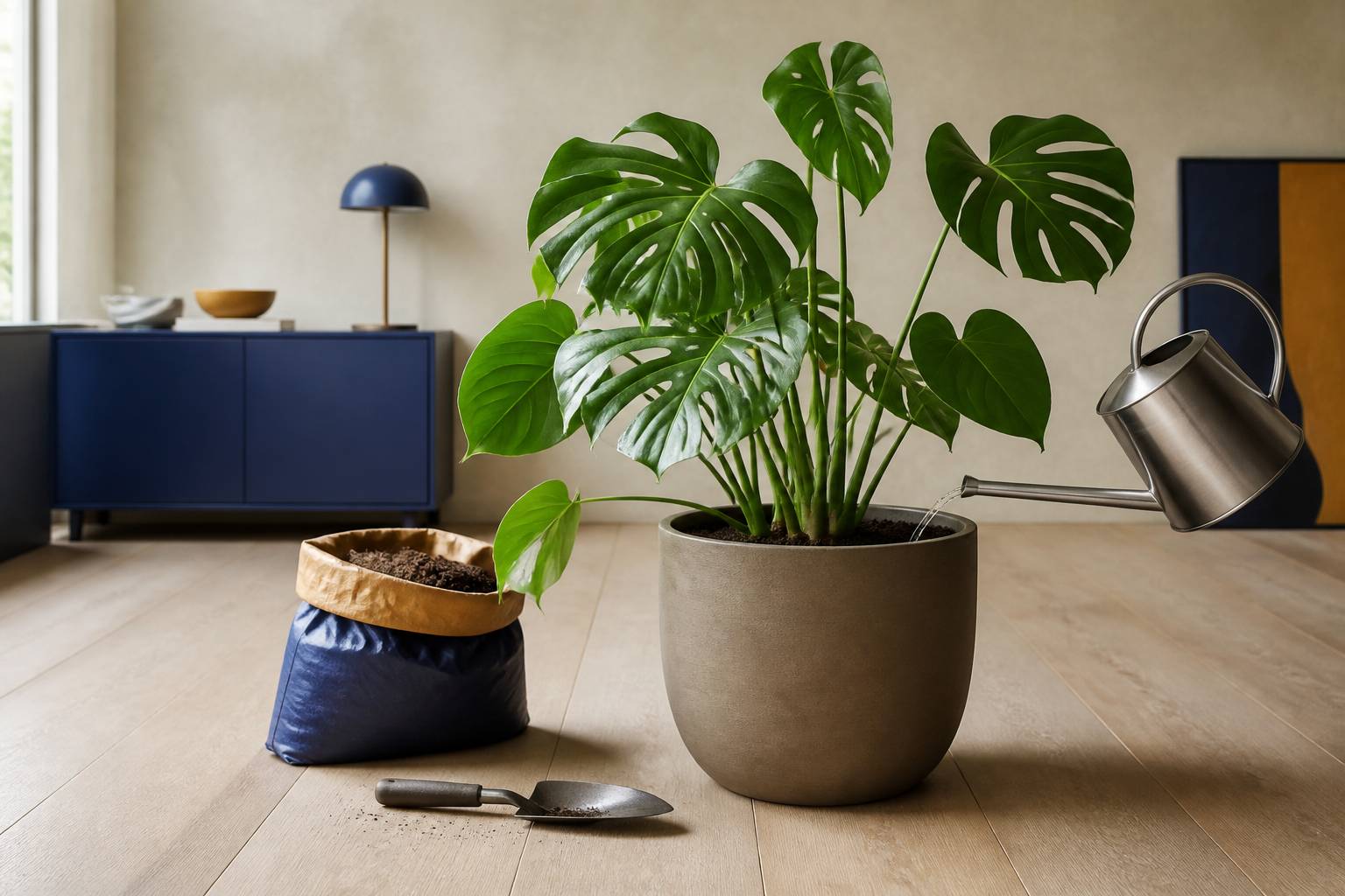 Arrosoir versant de l'eau sur la terre d'un pot de monstera