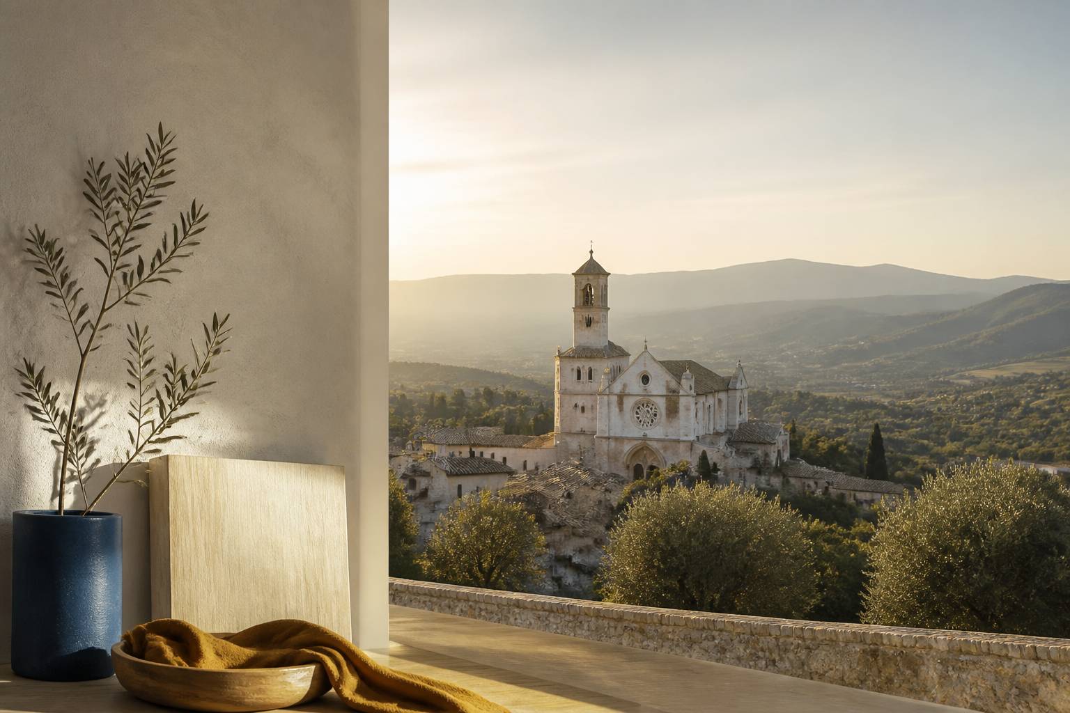 Ville d'Assise en Ombrie au petit matin avec basilique médiévale sur sa colline