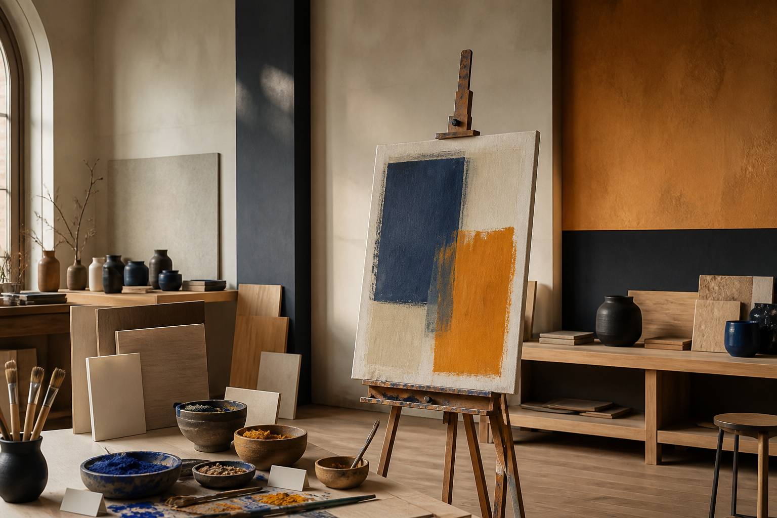 Atelier de peintre Renaissance avec chevalet, pigments et pinceaux près d'une fresque
