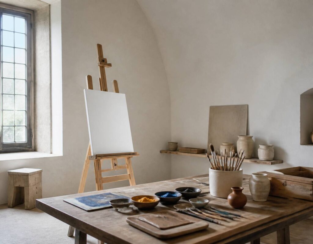 Atelier de peinture de la Renaissance avec un chevalet et une lumière de fenêtre