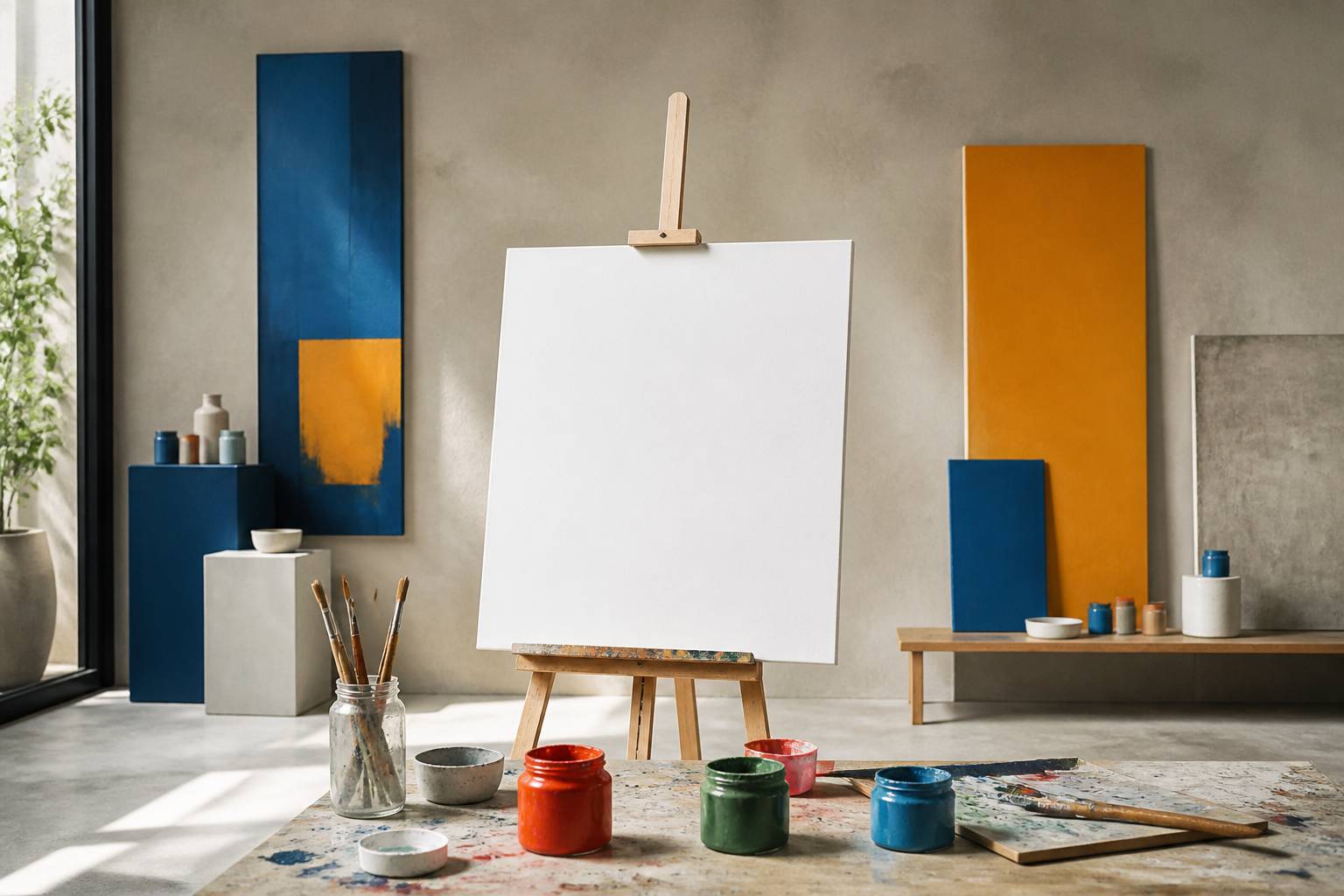 Atelier de peintre avec chevalet et pots de couleur