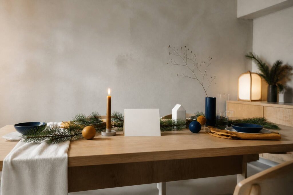 Carte de vœux de Noël sans texte posée sur une table en bois