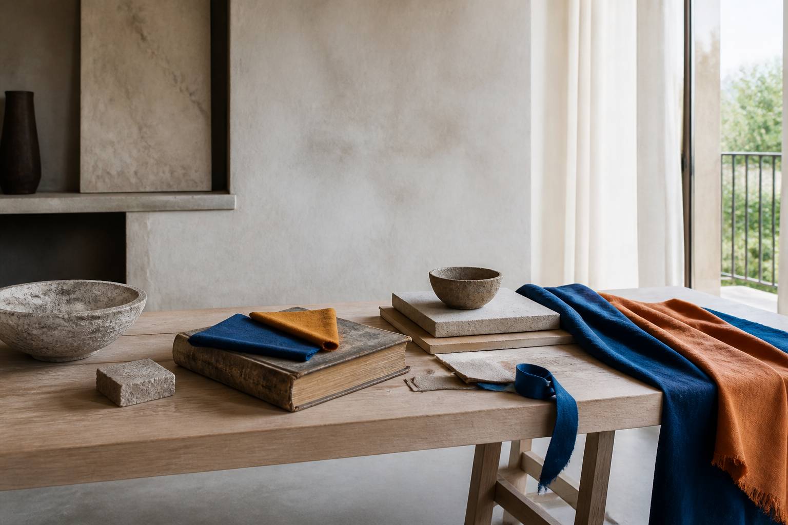 Livre ancien fermé avec échantillons de tissu bleu et jaune
