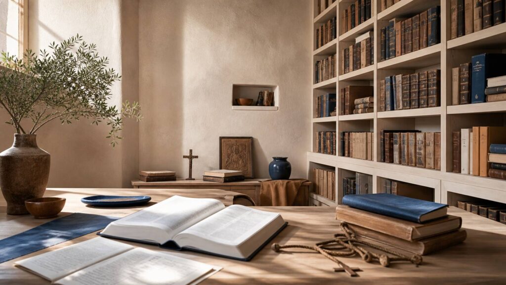 Bibliothèque d'étude ancienne avec livres de théologie, Bible ouverte et notes manuscrites