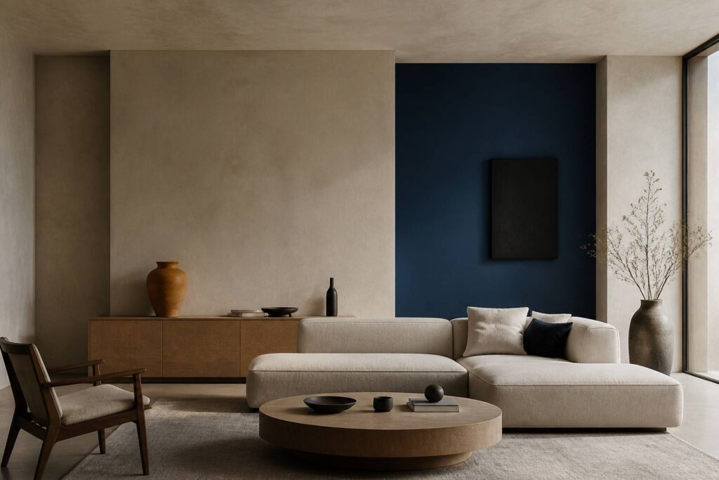 Salon contemporain avec un pan de mur peint en bleu cobalto profond