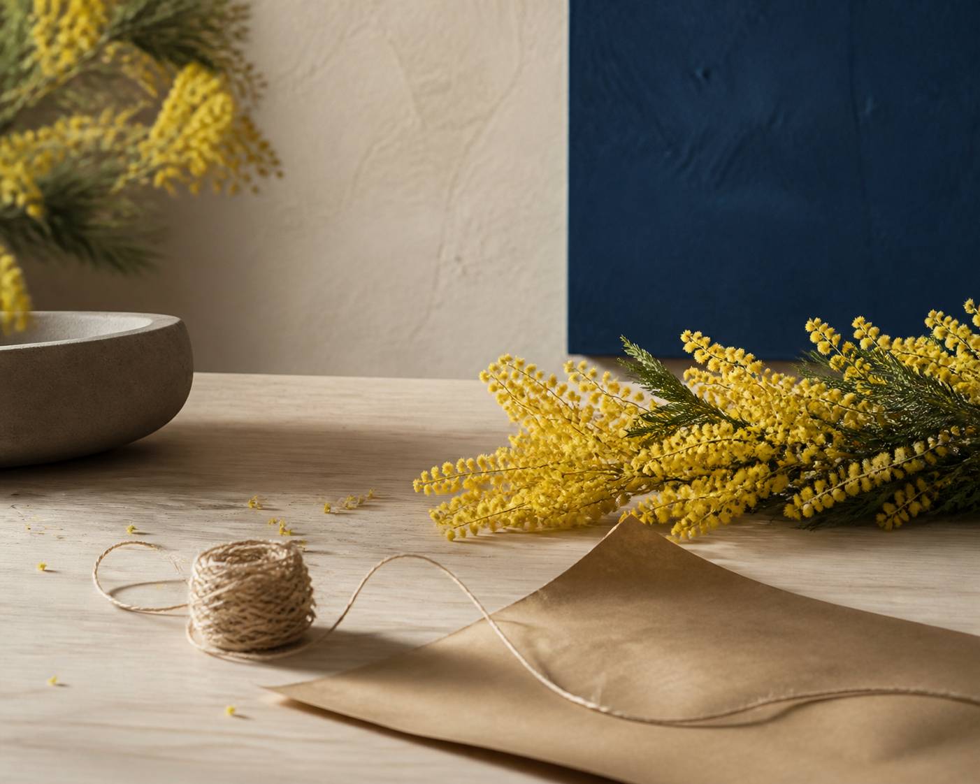 Brins de mimosa jaune posés sur une table en bois clair