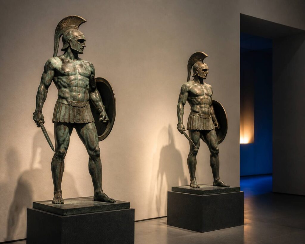 Deux statues de guerriers grecs en bronze patiné exposées dans une salle de musée