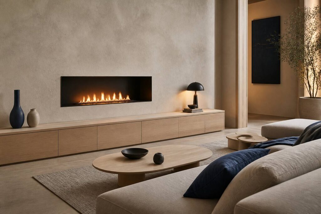 Cheminée à bioéthanol murale avec flamme dans un salon moderne