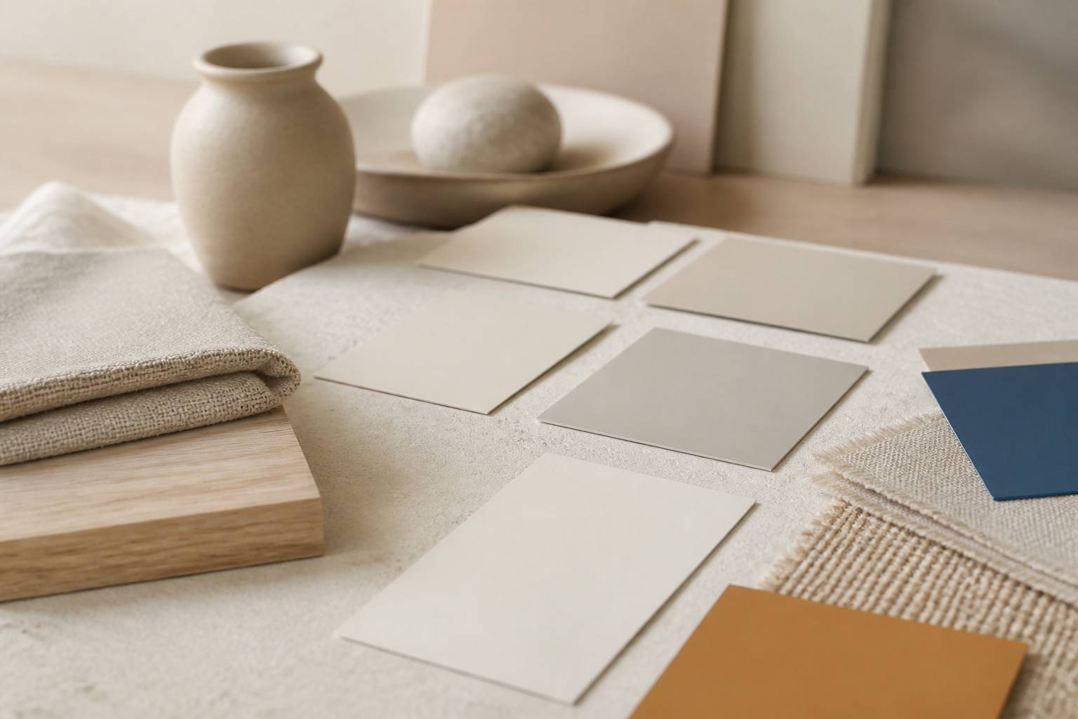 Échantillons de peinture beige avec des tissus et des matériaux