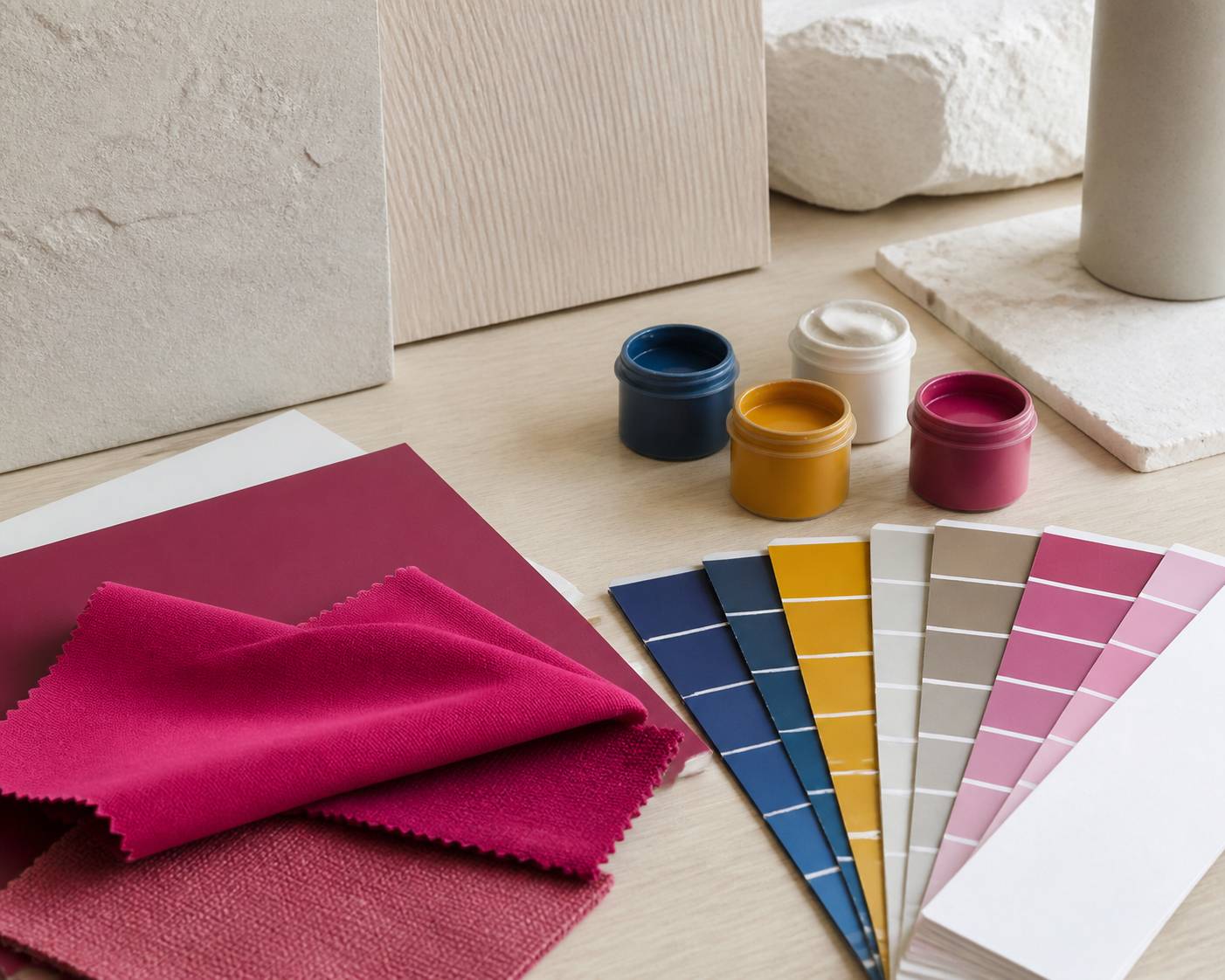 Échantillons de tissus et peintures magenta sur une table