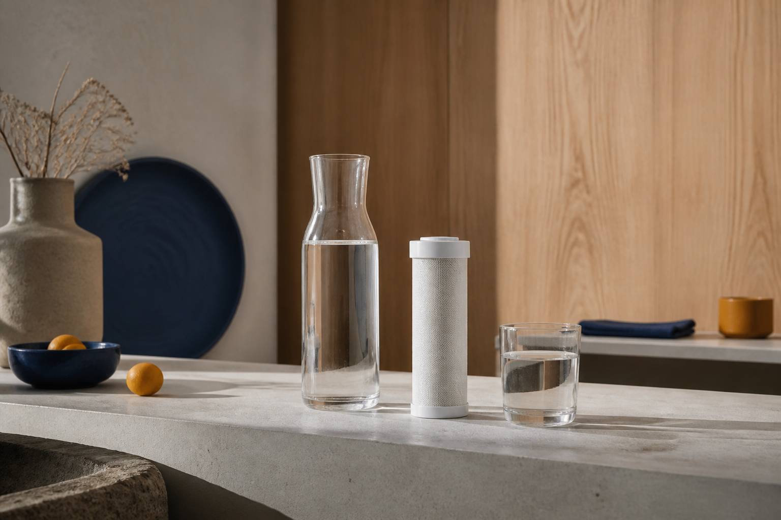 Caraffa d'acqua e cartuccia filtrante cilindrica su piano in cemento chiaro