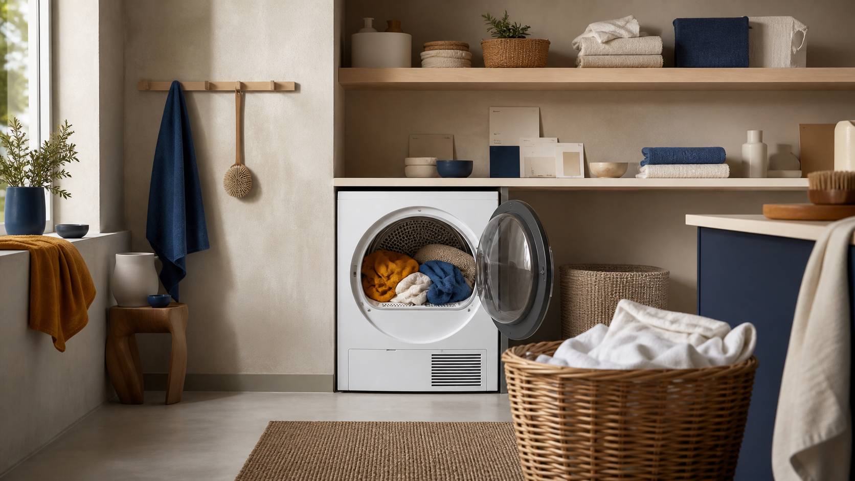 Tambour ouvert d'un sèche-linge avec du linge coloré et un panier en osier dans une buanderie lumineuse