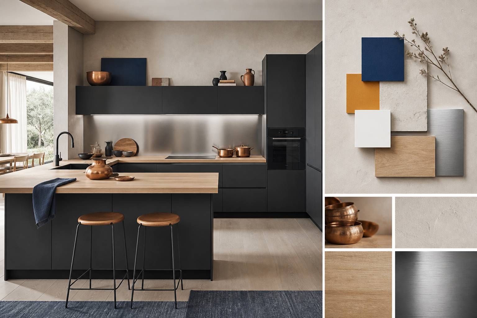 Cucina con mobili antracite piano in legno e accessori in rame