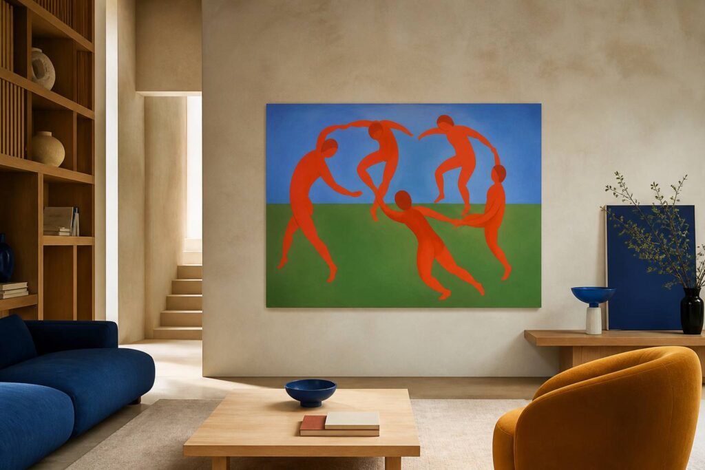 Cinq silhouettes dansant en cercle aux couleurs fauves