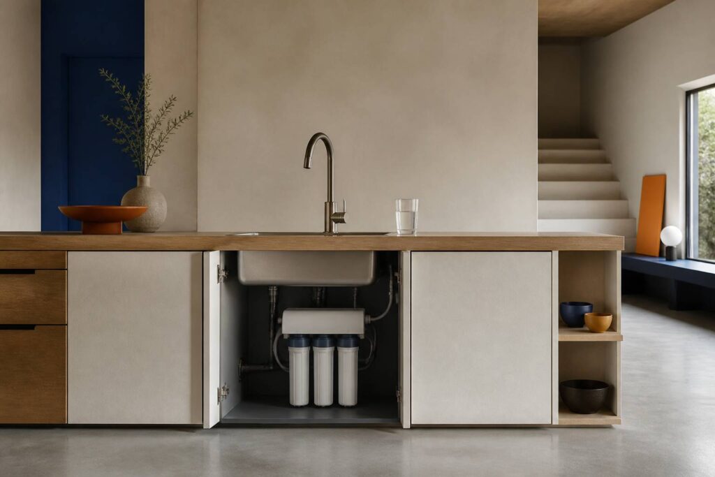 Cucina italiana con rubinetto elegante e box filtro visibile sotto il lavello
