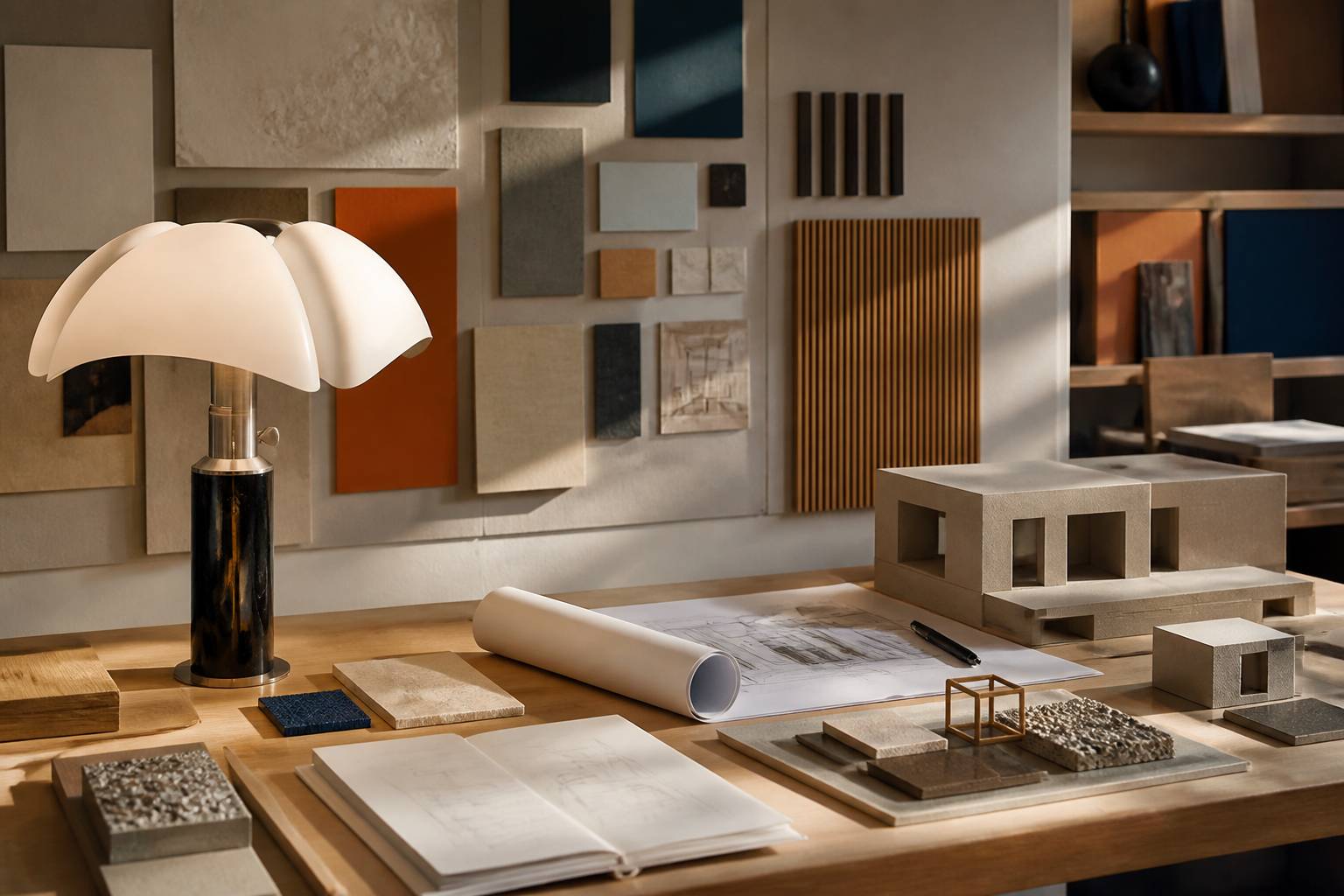 Lampe design des années 1960 et maquette d'architecture sur une table d'atelier