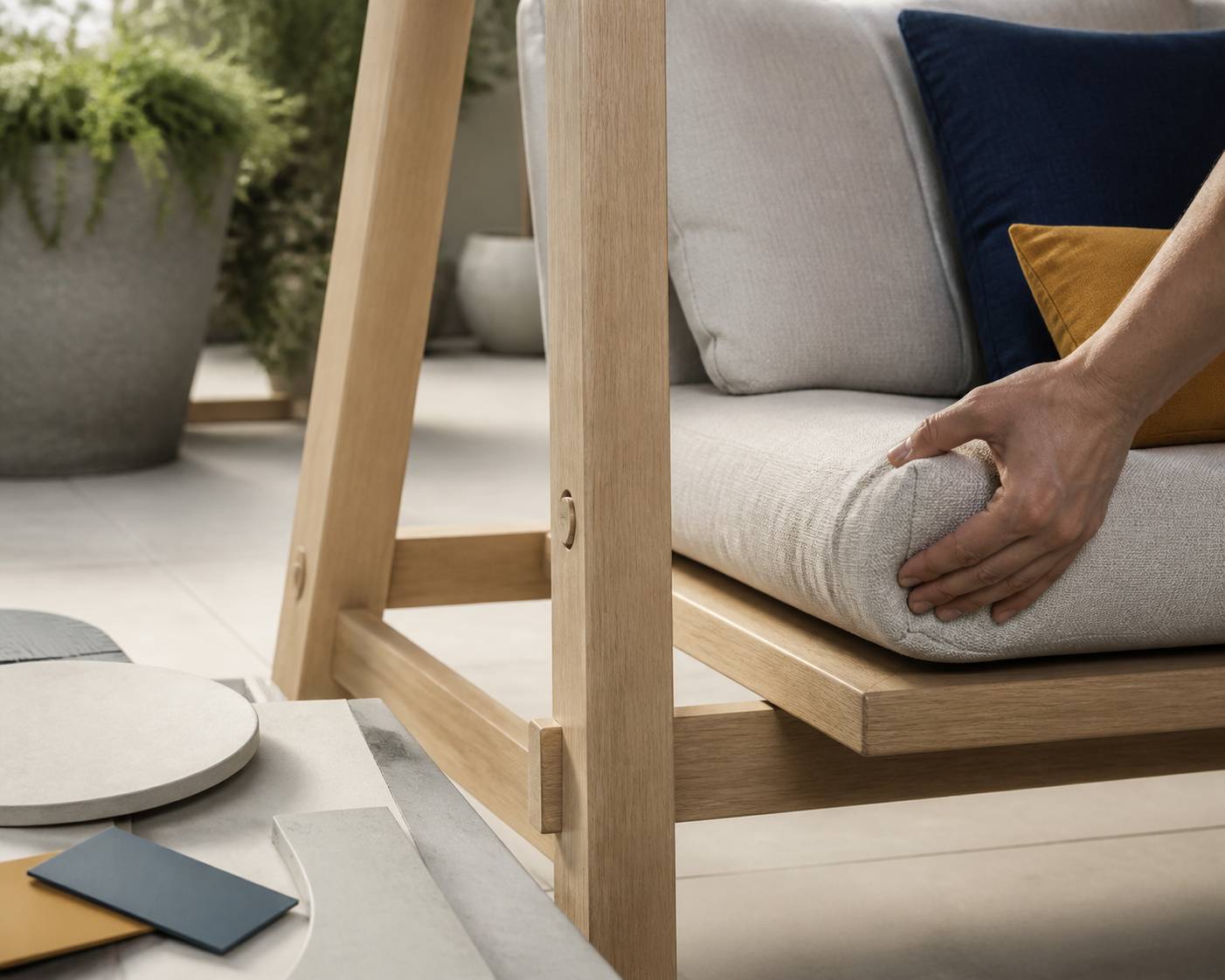 Main vérifiant la structure en bois et la couture du coussin d'un dondolo