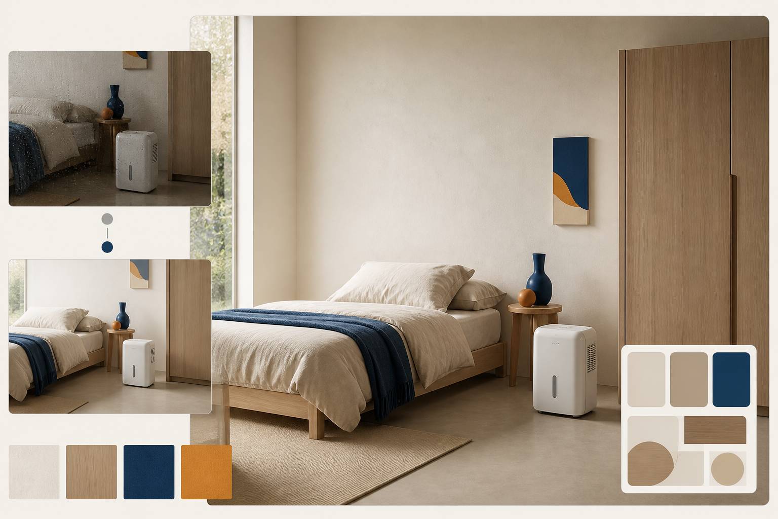 Déshumidificateur compact dans une chambre baignée de lumière naturelle