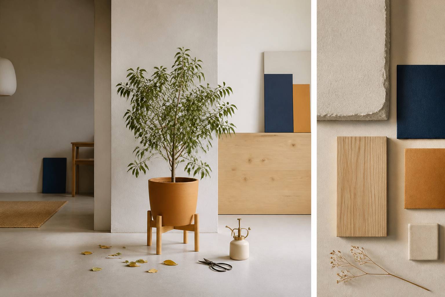 Ficus benjamin en pot avec vaporisateur et sécateur pour l'entretien