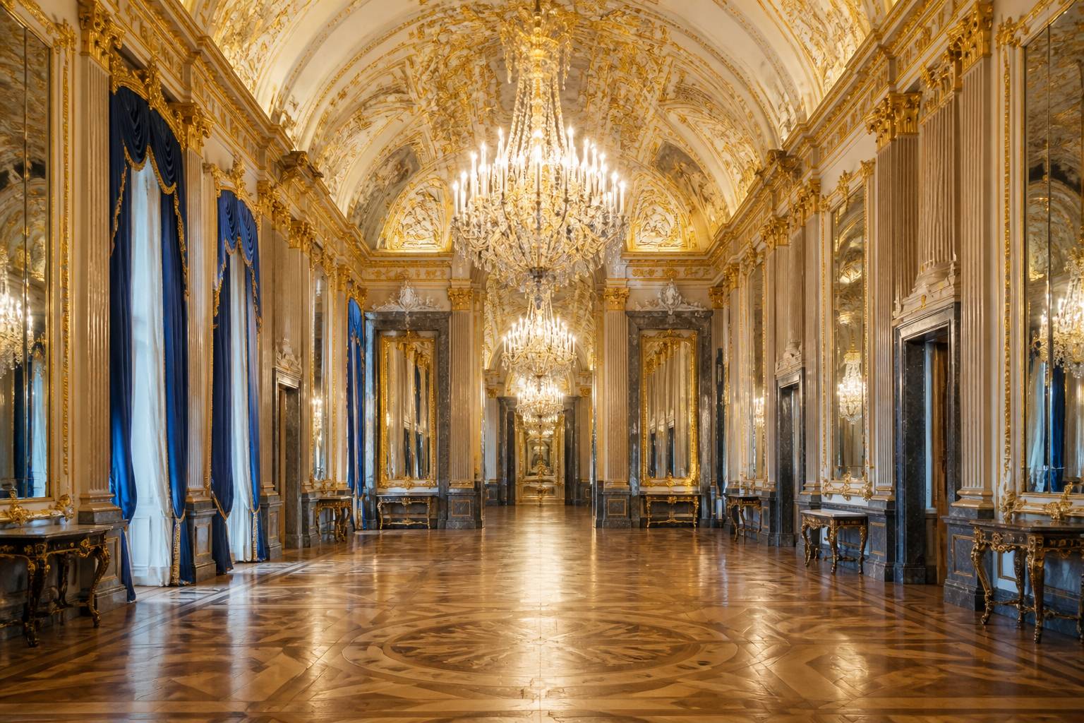Galerie de miroirs dorés avec lustres en cristal dans un palais baroque