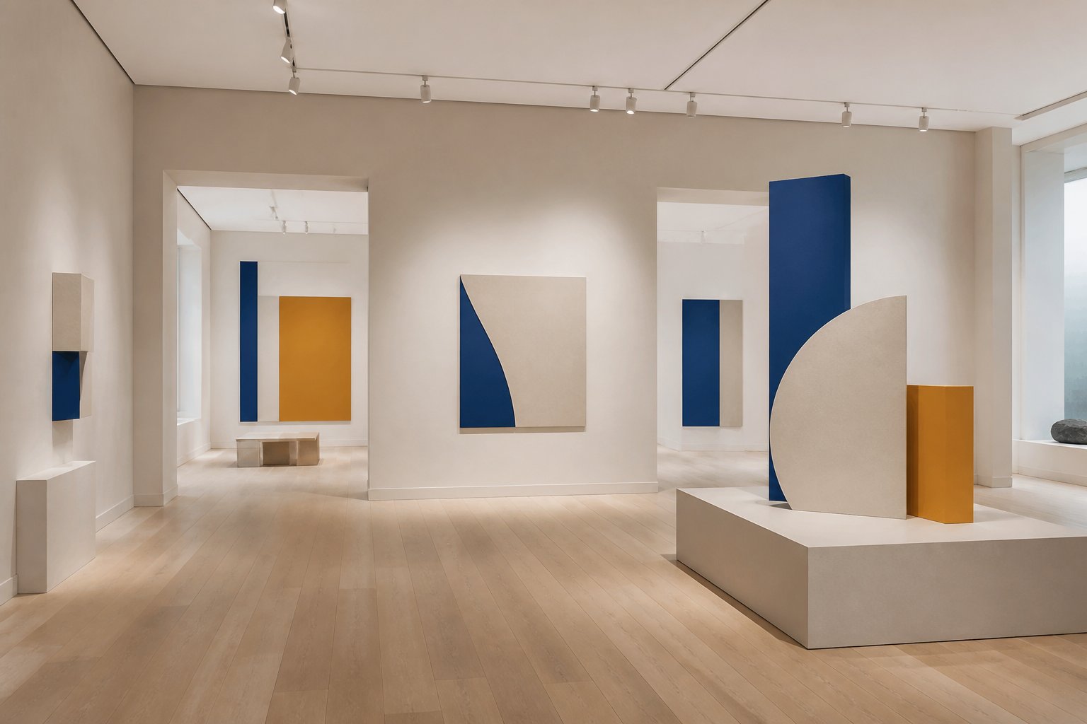 Intérieur de galerie générique avec installation contemporaine de volumes géométriques neutres