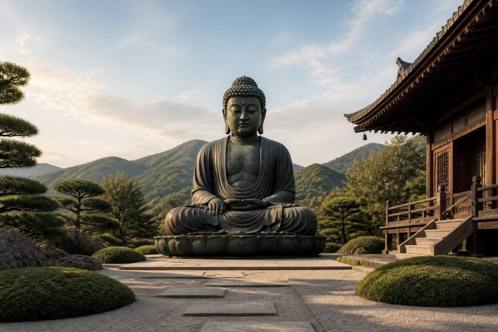 Grande Buddha di bronzo all'aperto con tempio in legno e colline verdi sullo sfondo