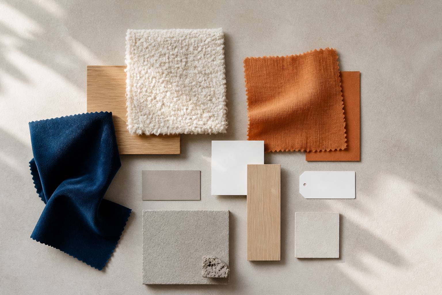 Échantillons de tissus bouclé velours et bois clair