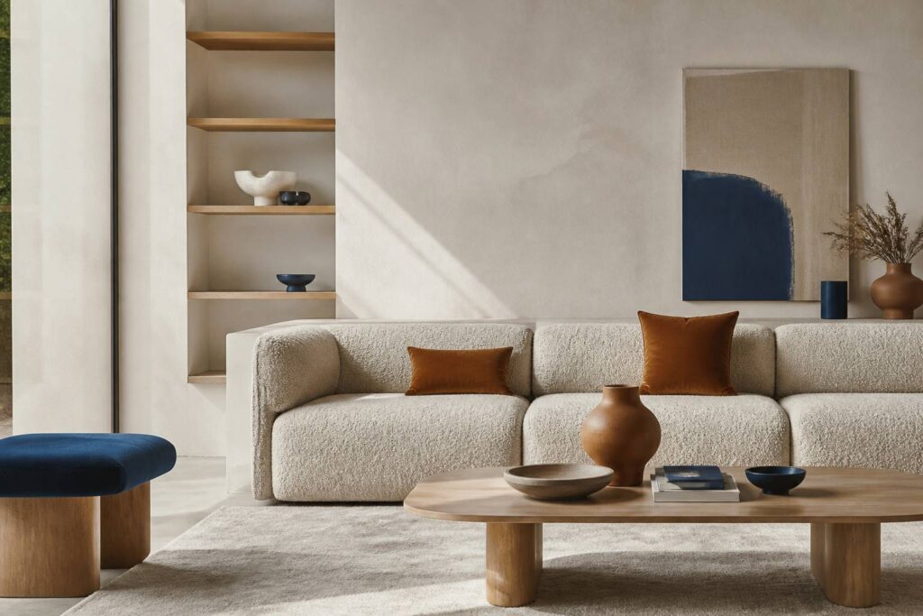 Salon contemporain avec canapé bouclé et enduit clair