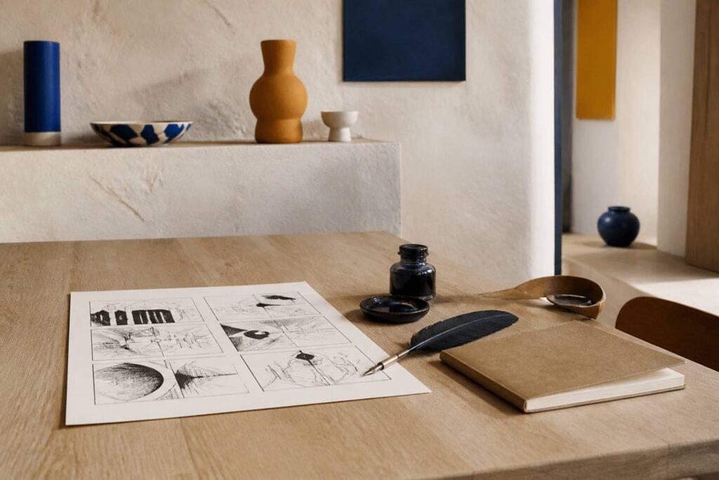 Planche de bande dessinée au trait d'encre posée sur une table en bois