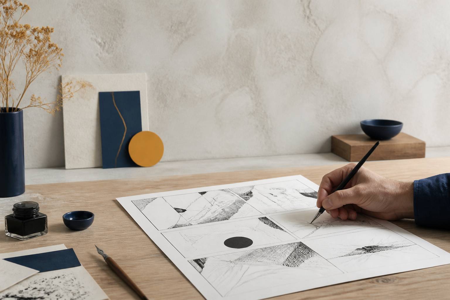 Main d'illustrateur traçant des lignes à l'encre sur une planche