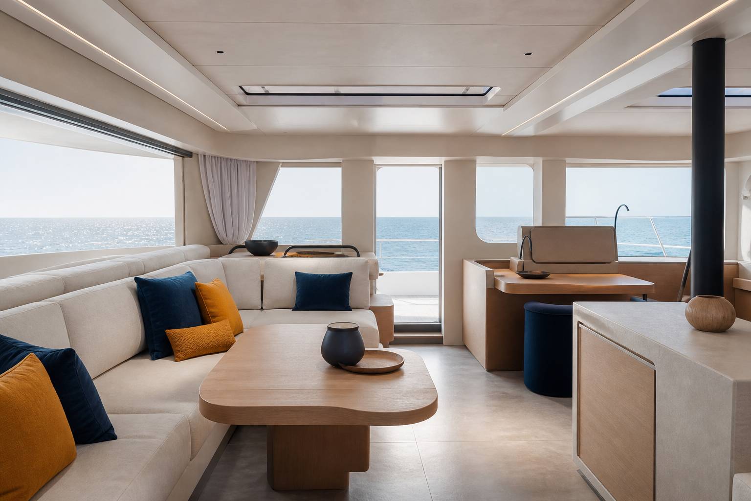 Salon intérieur moderne de catamaran avec banquettes claires et vue sur la mer