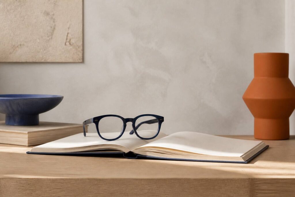 Lunettes de lecture posées sur un livre ouvert sur une table en bois