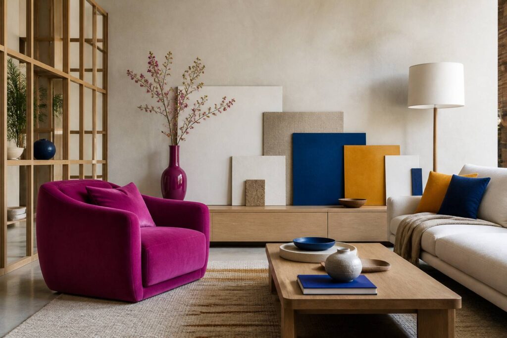 Fauteuil magenta dans un salon contemporain aux murs clairs