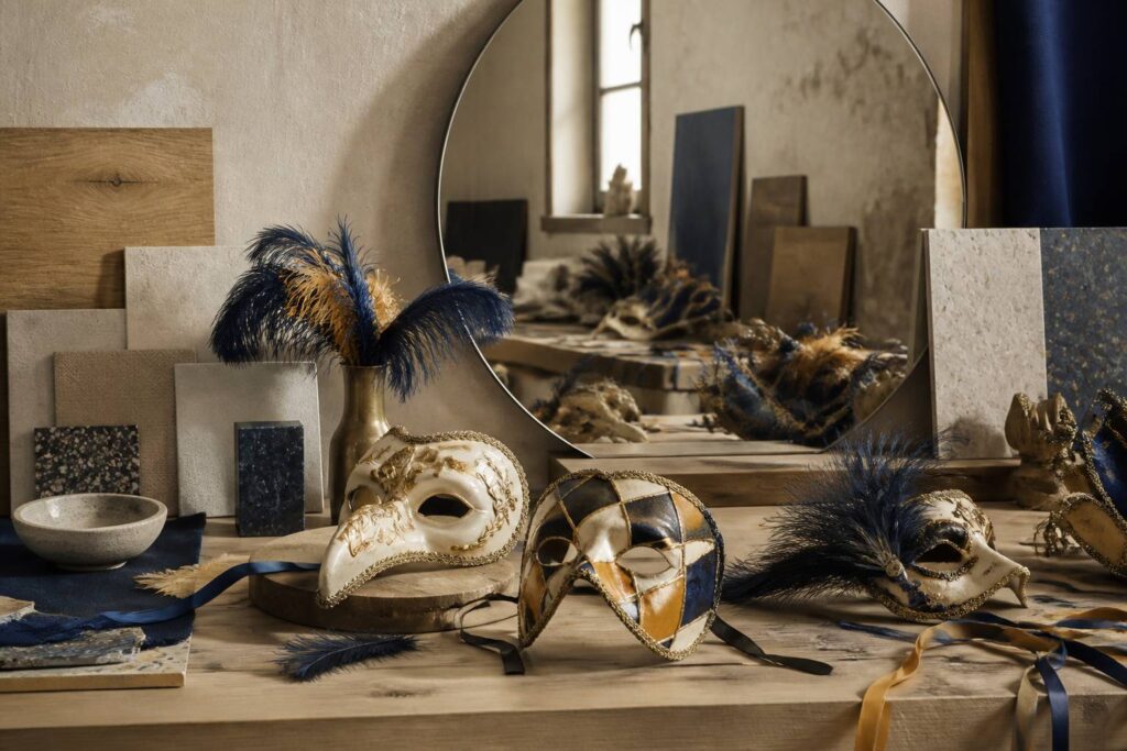 Masques vénitiens artisanaux posés sur une table d'atelier