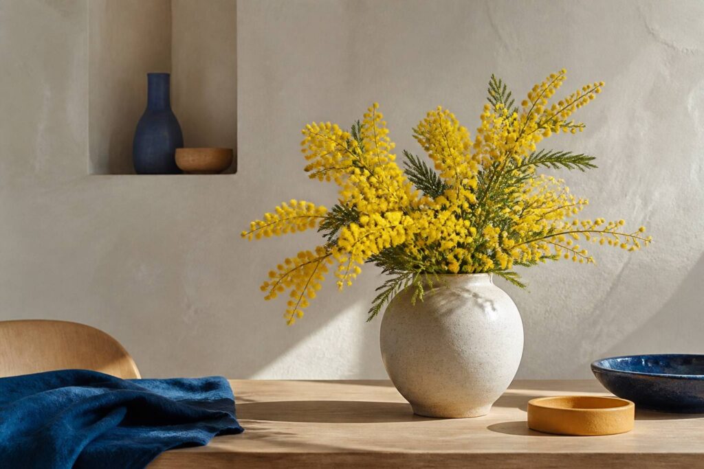 Bouquet de mimosa jaune dans un vase en céramique sur table en bois