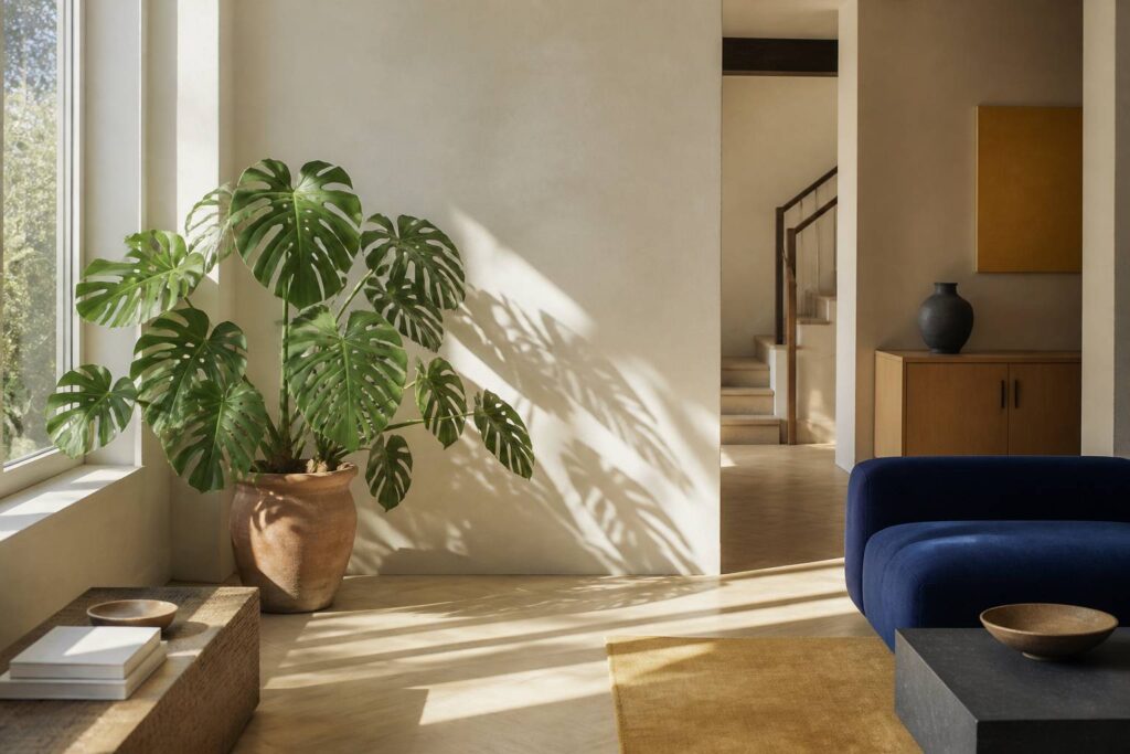 Monstera deliciosa près d'une fenêtre dans un intérieur clair