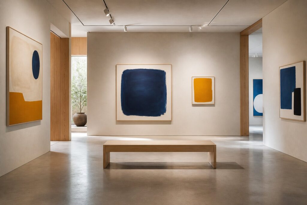 Salle d'exposition générique aux murs d'enduit clair avec œuvres contemporaines abstraites