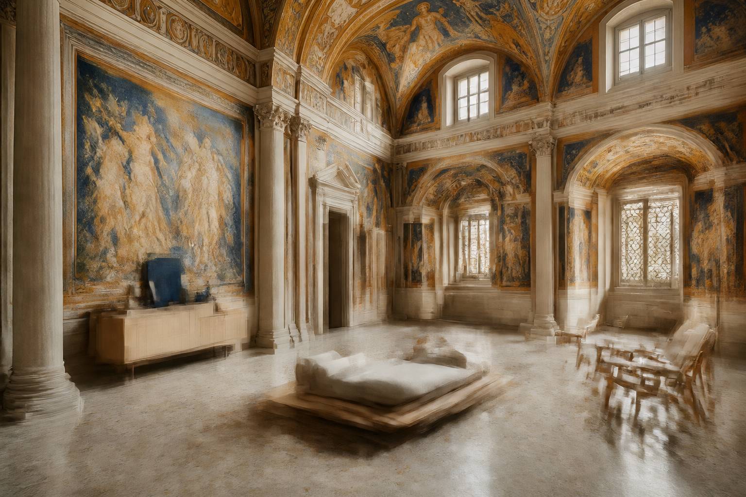 Salle de palais Renaissance aux murs et voûte ornés de fresques