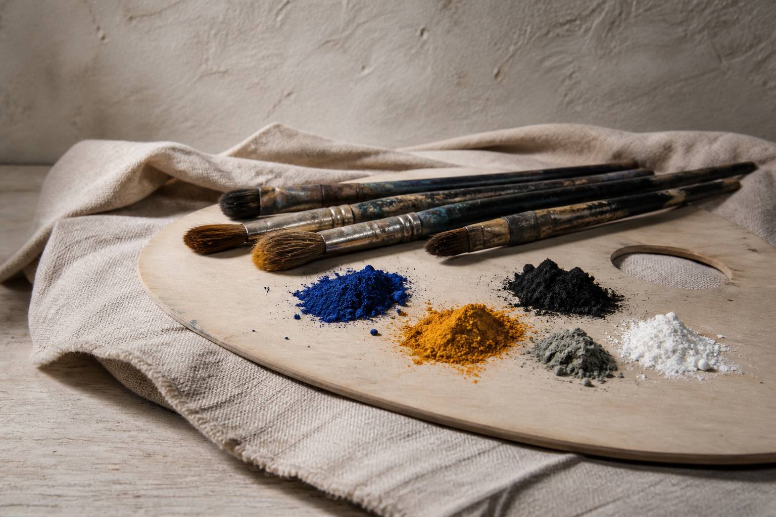 Pinceaux et pigments sur une palette en bois clair avec une lumière de musée