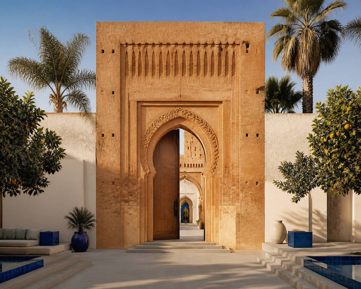 Porte monumentale marocaine en pisé avec jardin d'orangers